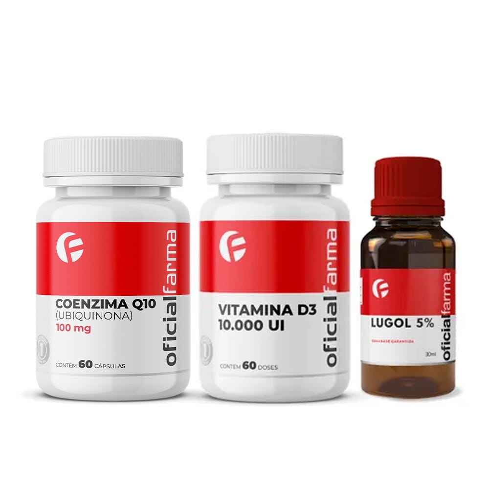 Vitamina D3 10.000UI 60 Doses + Lugol 5% Iodo 30mL + Coenzima Q10 100mg 60 Cápsulas